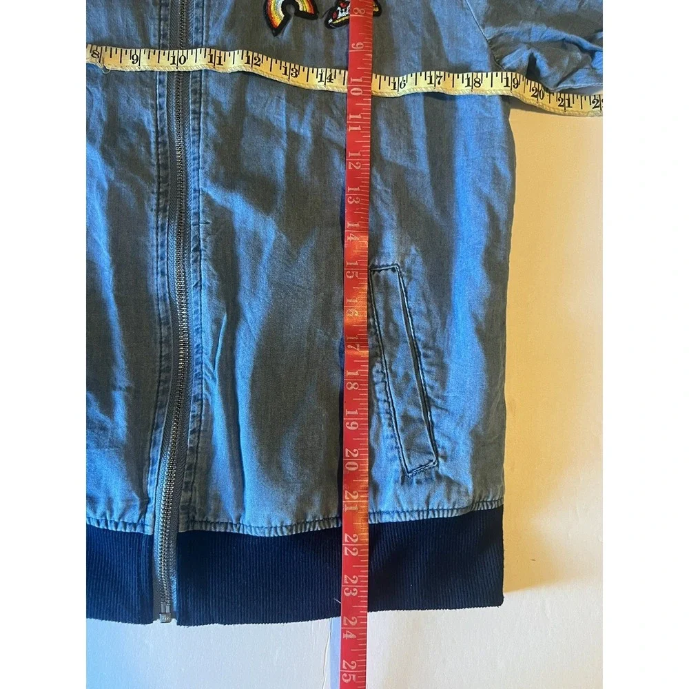 JUSTICE Sz 16/18 Jacket Denim Bomber Emoji Patches Coat Lyocell School Layering
